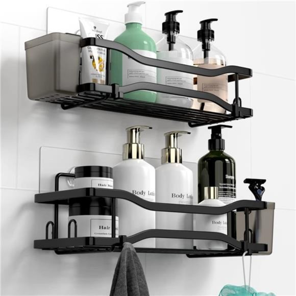 2 Pack Bathroom Shower Organizer, Adhesive Shelves with hooks and Hanging Cups - Picture 1 of 6